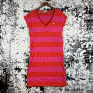 Lacoste Dress Womens Size 40 Pink Red Striped Knit Logo V-Neck Midi Cotton